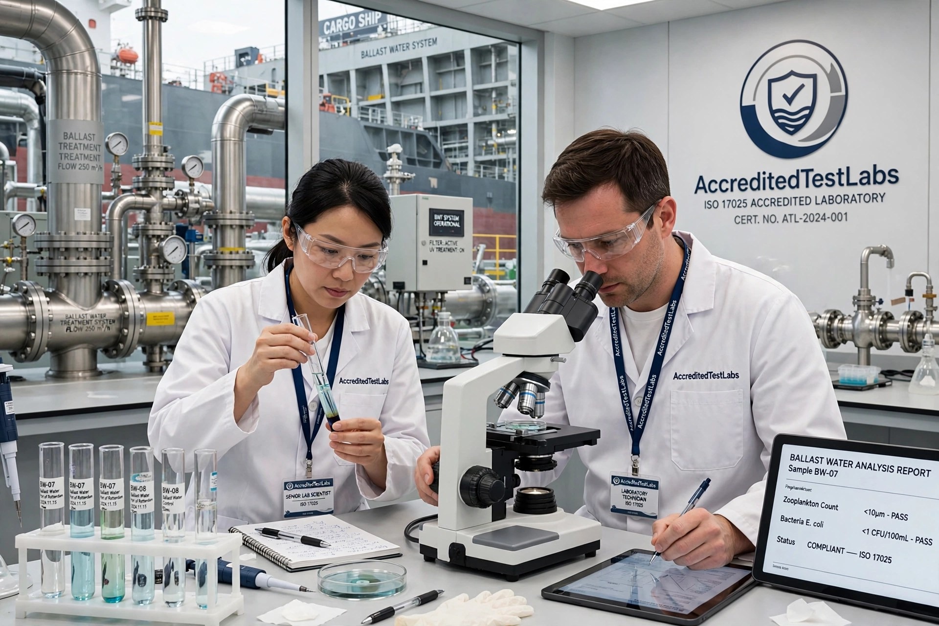 AccreditedTestLabs ISO 17025 ballast water testing lab with Accredited Test Labs logo on uniform and lab wall ocean vessel background