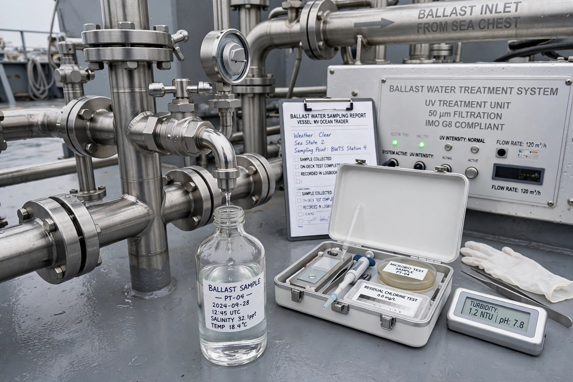 Ballast water sampling report ballast inlet from sea chest treatment system onboard vessel