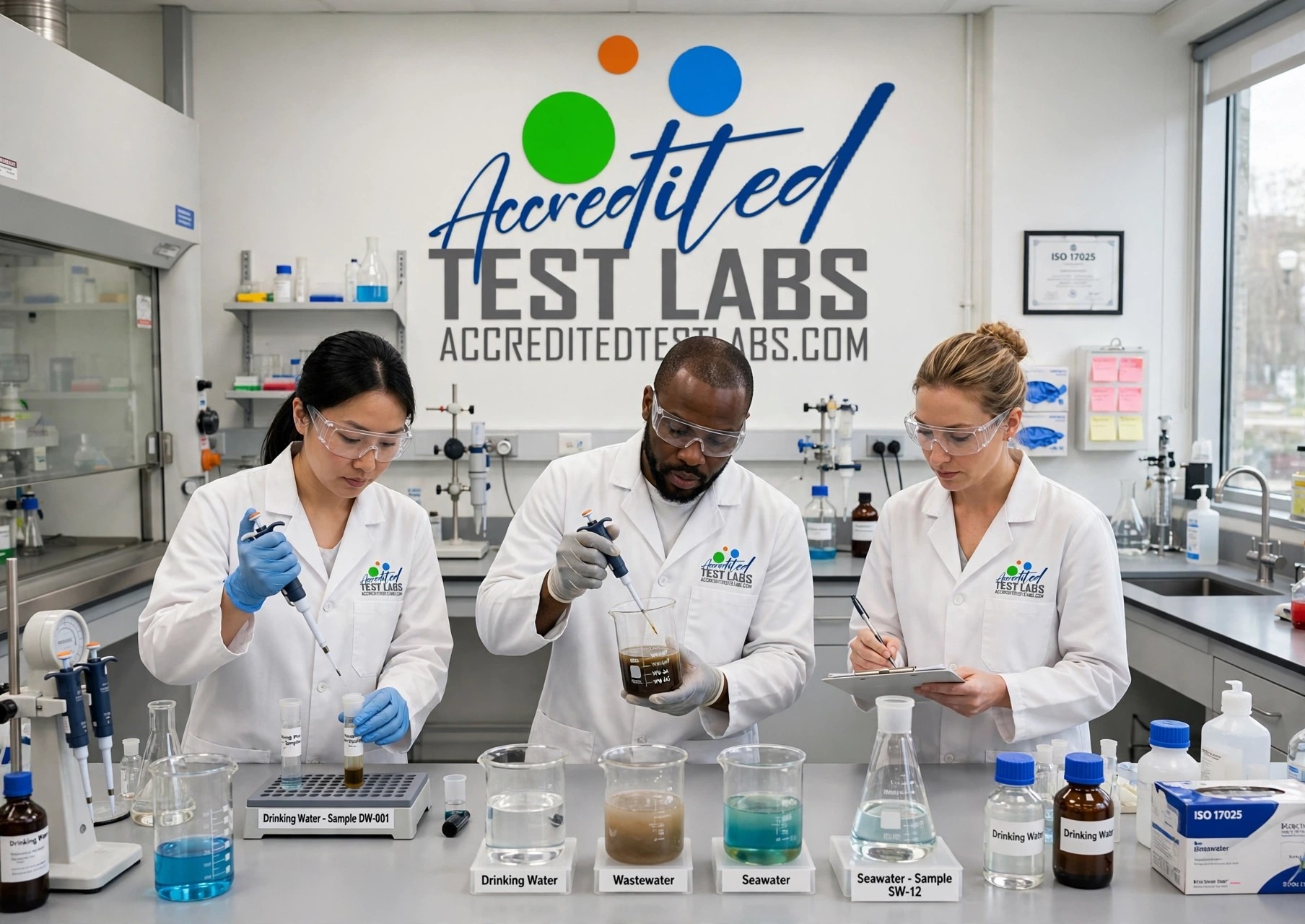 AccreditedTestLabs drinking water wastewater seawater testing with logo on wall and uniform ISO 17025