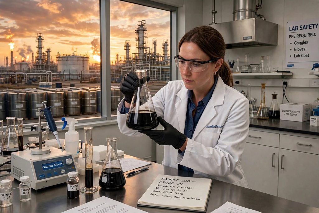 Crude Oil Testing Lab - ISO 17025 accredited crude oil analysis - scientist with refinery at sunset