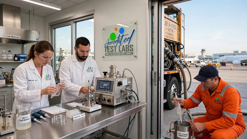Accredited Test Labs - Aviation Fuel Testing Lab with logo on glass plate and uniforms, JFTOT tester, merged with airport Jet A-1 sampling from refueling truck with logo on coveralls