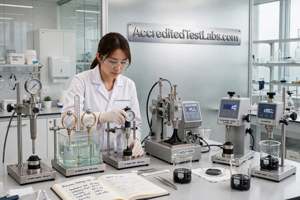 Bitumen Testing lab - penetration softening point ductility flash point viscosity PG grading - AccreditedTestLabs.com glass plate on wall and uniform - silver grey white gradient neat decent lab
