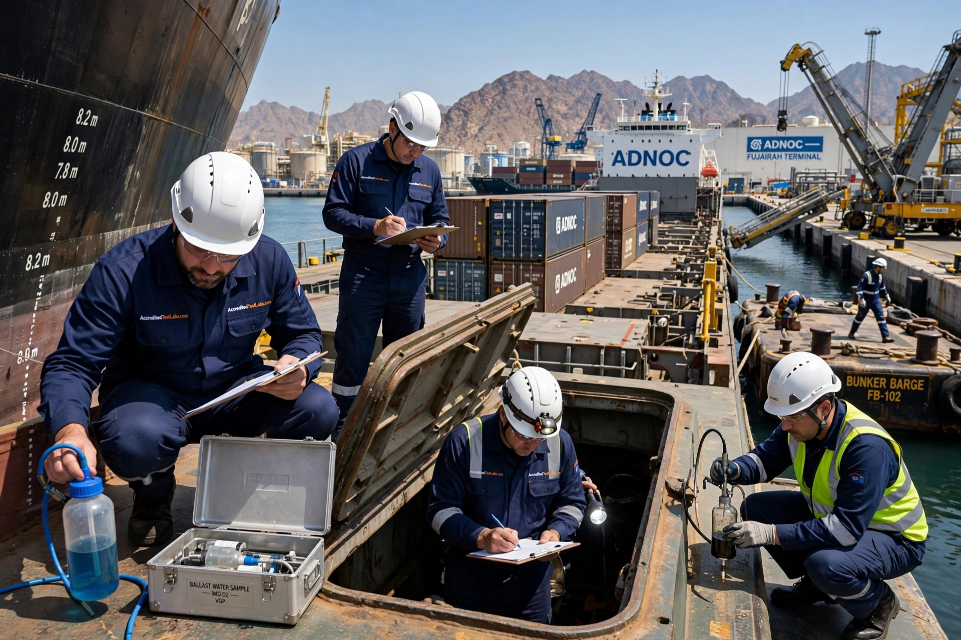 Inspection Services ISO IFIA Certified Network Accredited Test Labs Worldwide - Bunker Survey Marine Survey Cargo Inspection Quality Quantity Inspection Loading Discharge Dry Liquid Cargo Damage Investigation - inspectors AccreditedTestLabs.com uniform Fujairah ADNOC bunker barge FB-102