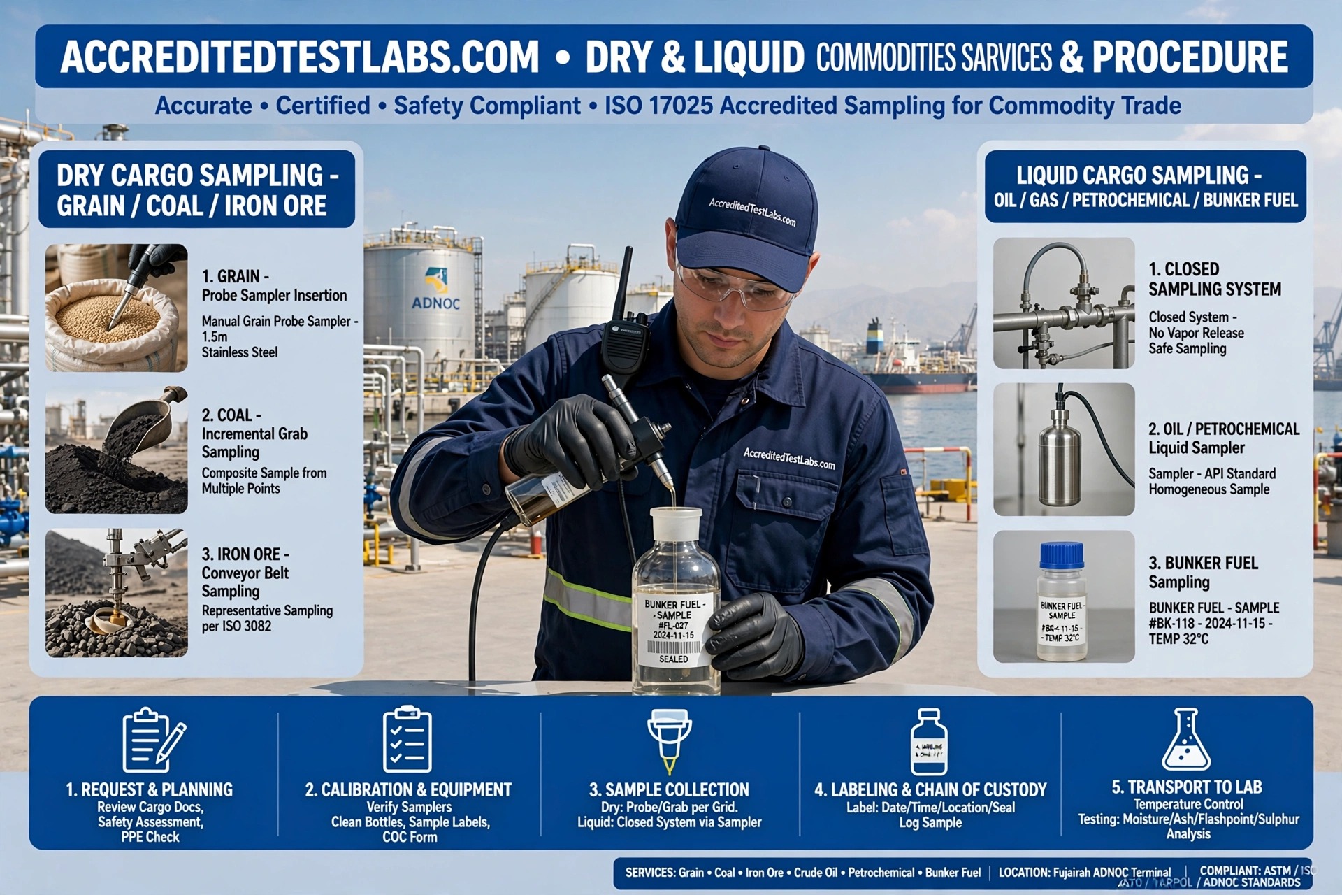 Dry and Liquid Commodities Sampling services and procedure - Grain Probe Sampler 1.5m stainless steel coal incremental grab composite iron ore conveyor belt per ISO 3082, closed sampling system oil gas petrochemical bunker fuel sample - technician AccreditedTestLabs.com uniform ADNOC Fujairah Terminal - accurate certified safety compliant ISO 17025 accredited sampling