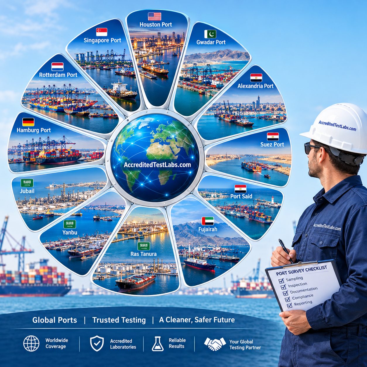 Inspection Services ISO IFIA Certified Network Accredited Test Labs Worldwide - Bunker Survey Marine Survey Cargo Inspection Quality Quantity Inspection Loading Discharge Dry Liquid Cargo Damage Investigation - inspectors AccreditedTestLabs.com uniform Fujairah ADNOC bunker barge FB-102