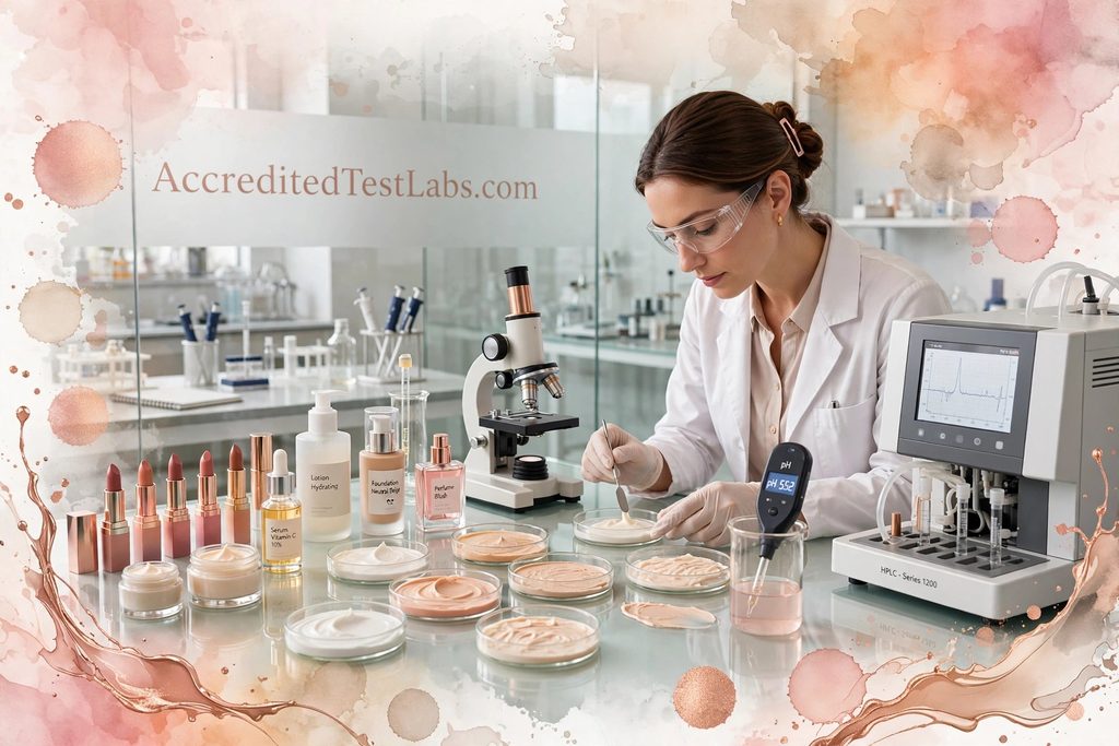 Cosmetics and skin care products testing lab - lipsticks creams serums foundations perfumes HPLC pH testing - AccreditedTestLabs.com artistic rose gold peach spots