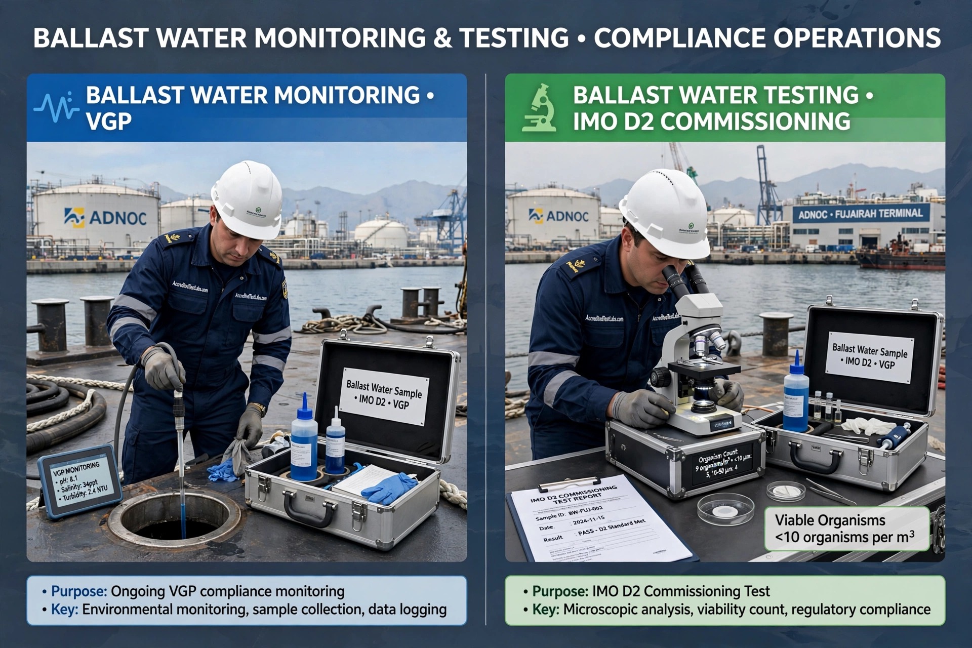 Ballast Water Monitoring VGP and Ballast Water Testing IMO D2 Commissioning separate block - Ballast Water Sample IMO D2 VGP kit silver case blue bottle, VGP monitoring pH salinity turbidity, IMO D2 commissioning microscope organism count viable organisms <10 per m3, inspector AccreditedTestLabs.com uniform ADNOC Fujairah Terminal