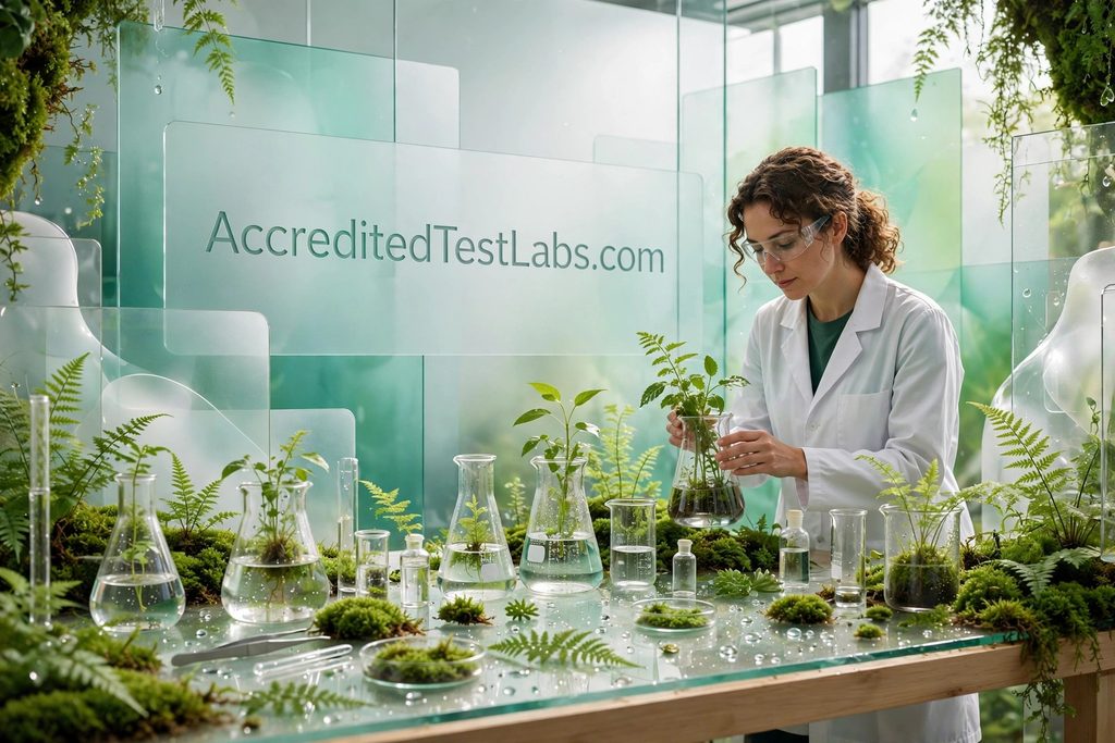 Artistic lab and green environment merger AccreditedTestLabs.com glassy aqua green lab female scientist plants in beakers
