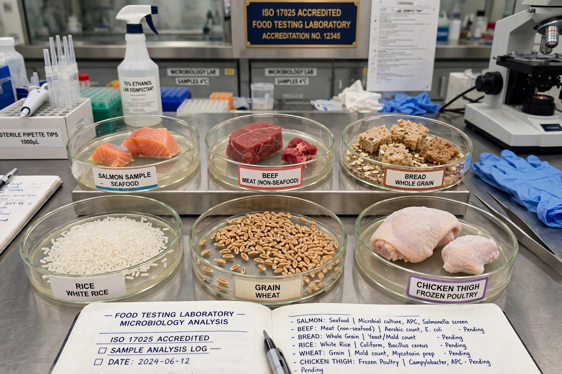 Food Testing Laboratory Microbiology Analysis - Salmon Seafood, Beef Non-Seafood, Bread Whole Grain, Rice White Rice, Grain Wheat, Chicken Thigh Frozen Poultry