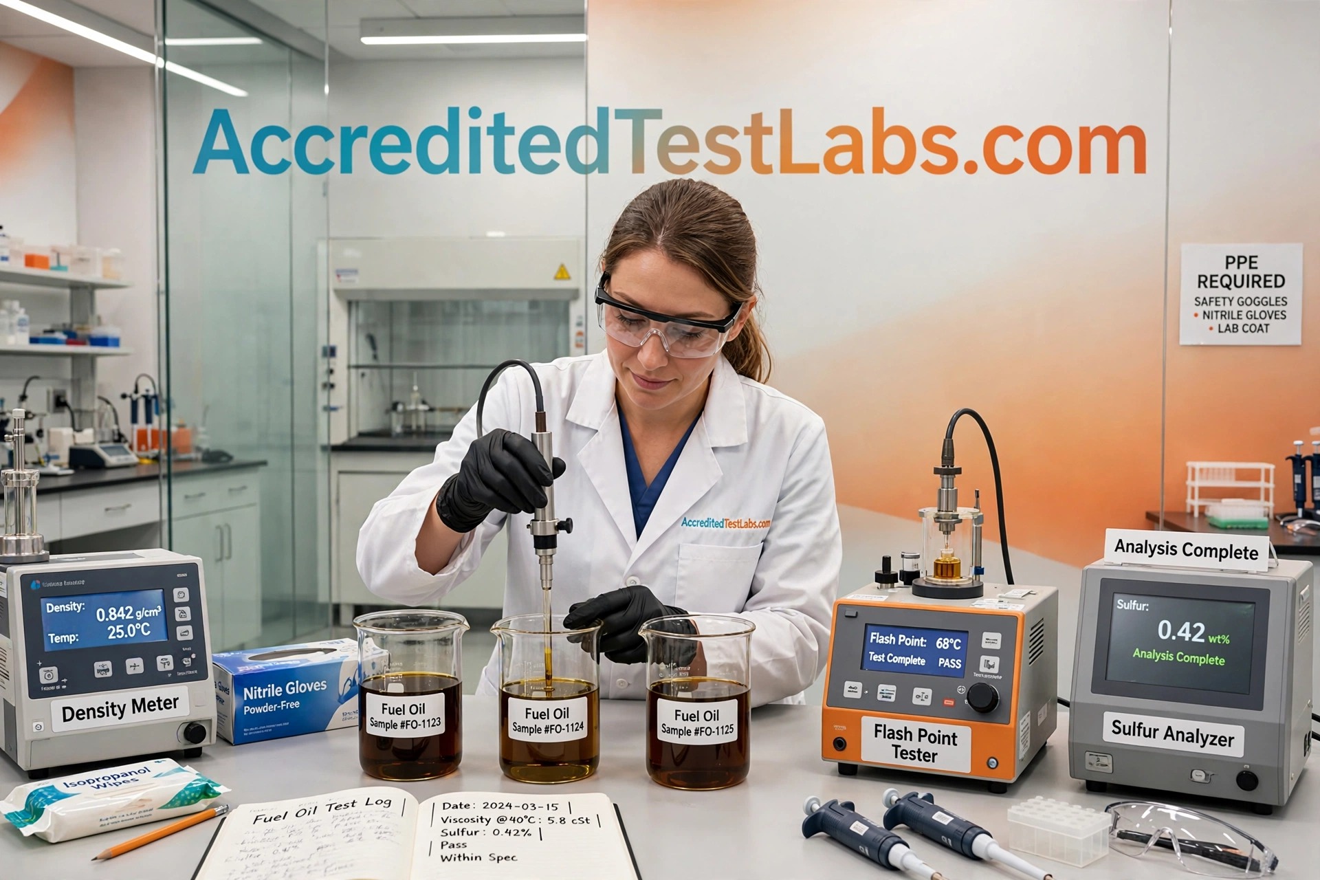 Fuel Oil Testing lab - fuel oil samples viscosity flash point density sulfur analyzer AccreditedTestLabs.com aqua blue gradient