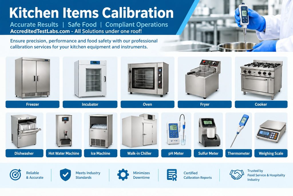 Kitchen Items Calibration - Freezer Incubator Oven Fryer Cooker Dishwasher Hot Water Machine Ice Machine Walk-in Chiller pH Meter Sulfur Meter Thermometer Weighing Scale