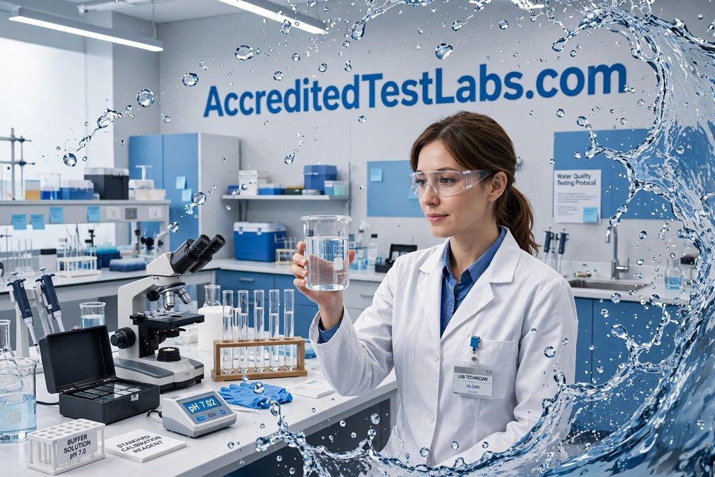 Girl scientist in accredited water testing lab with AccreditedTestLabs.com on wall and water splash